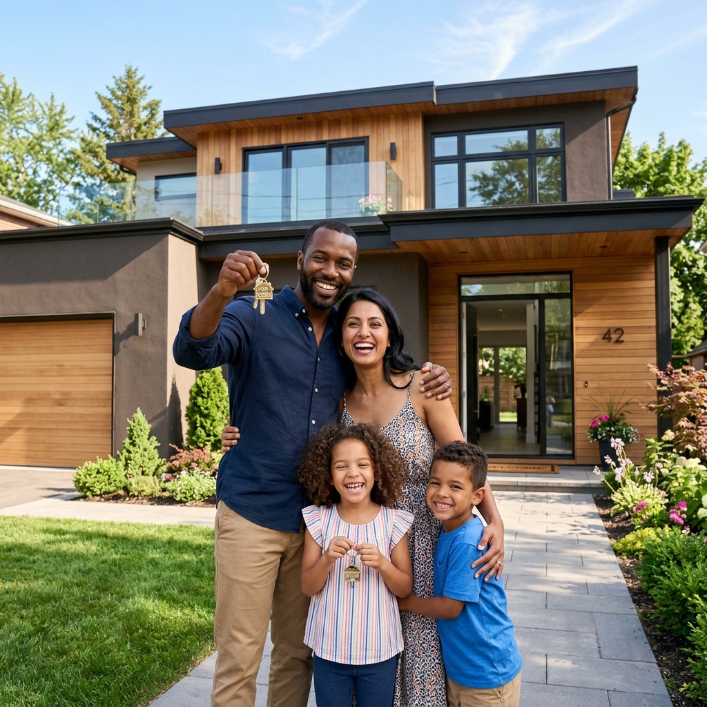 Happy family moving into a home